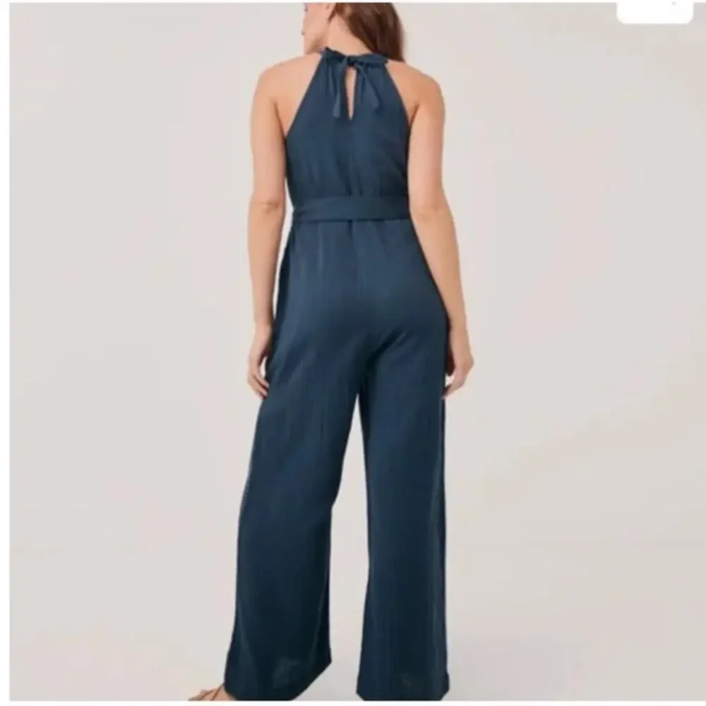Pact Women’s Large Blue Coastal Beach Halter Jumpsuit Cotton Beachy Nautical - Picture 3 of 13